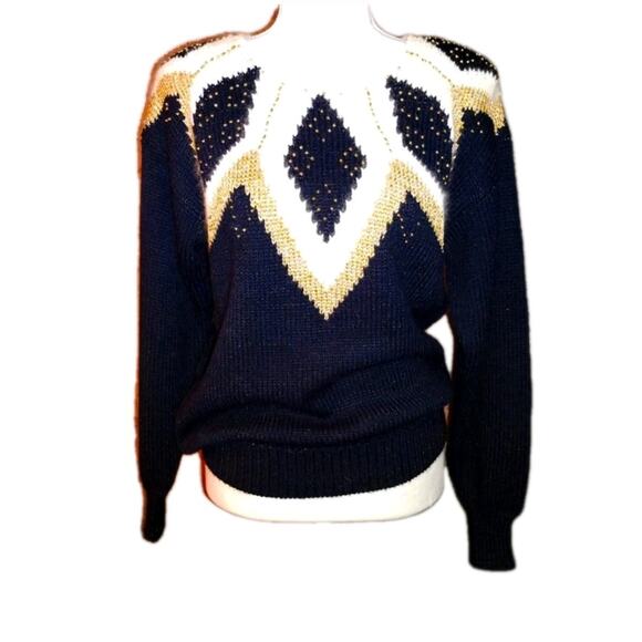 Vintage Dana Scott Womens L Sweater Black & Cream Gold Beads Party Holiday - Picture 1 of 8